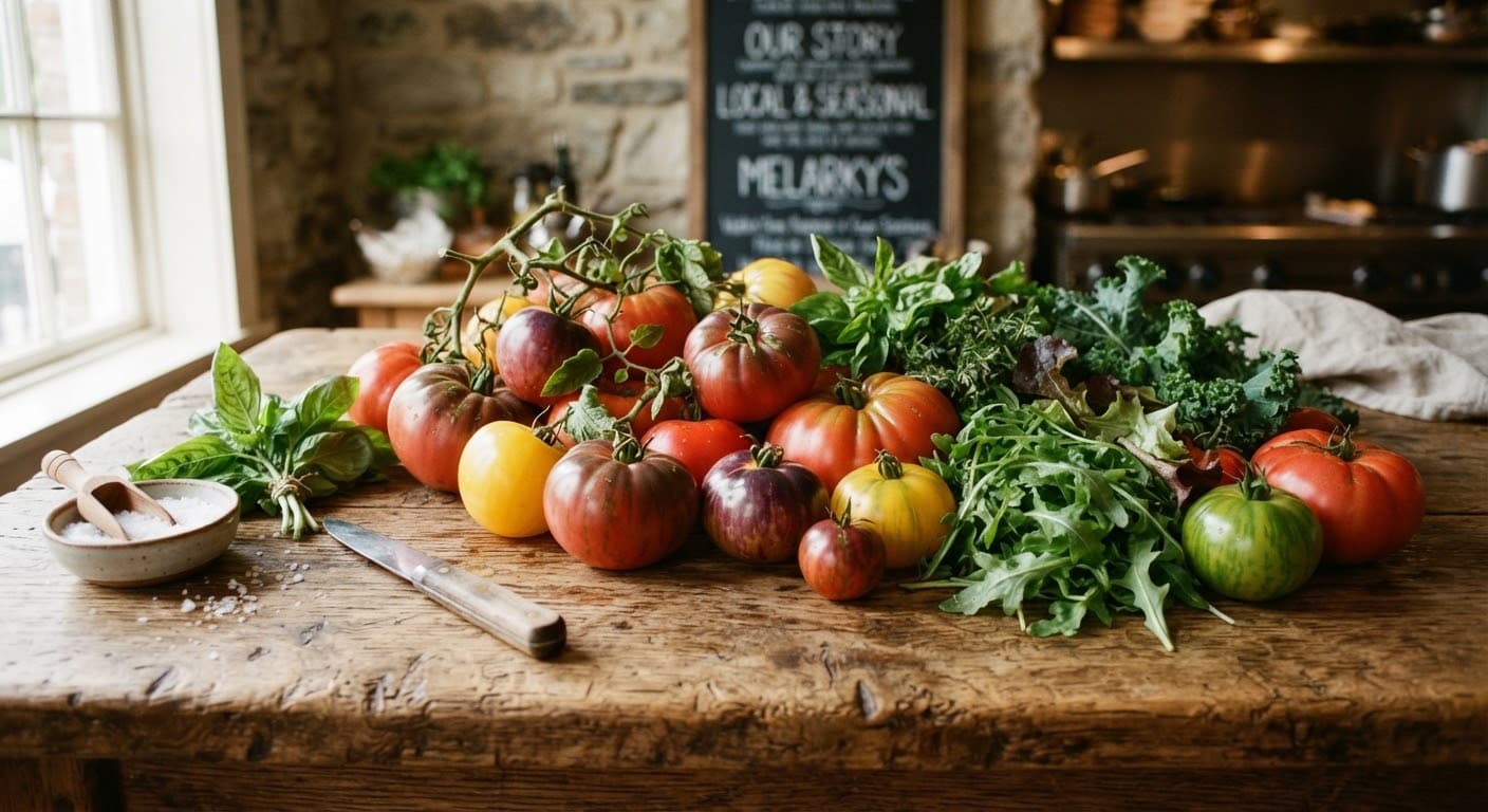 Fresh tomatoes and herbs on a wooden board at Melarkys
